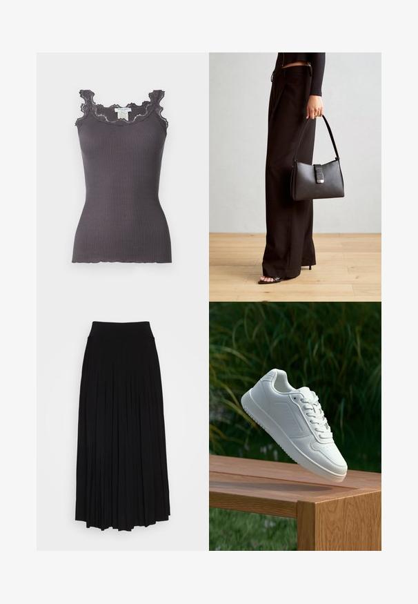 Rebrasti sivi top s čipkastim obrubom oko izreza i rukava. Ima uski kroj i valoviti rub.; Crna plisirana suknja s visokim, rastezljivim pojasom. Izrađena od mekog materijala, s vertikalnim plisama koje stvaraju lepršav siluetu.; Bijela tenisica sa glatkim sintetičkim gornjim dijelom, perforiranim prednjim dijelom, ravnim vezicama i teksturiranom potplatom, prikazana na drvenoj površini.; Crna torba s oblikom koji sadrži strukturu, glađu teksturu i metalnu kopču. Uparena s širokim crnim hlačama i sandalama na otvorenom s drvenog poda.