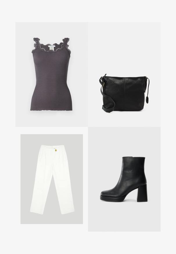 Ribbed gray tank top with lace trim along the neckline and armholes. Features a fitted shape and a scalloped hem.; White, wide-leg trousers made of smooth fabric. Features a single yellow button closure and pleated front design. No visible pockets.; Black leather ankle boot with a block heel and platform sole, viewed from the side on a plain white background.; Black leather crossbody bag with a flat shape, gold hardware accents, and an adjustable strap. Smooth texture with minimal stitching details.