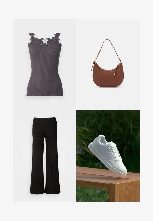 Canottiera grigia a righe con bordo in pizzo lungo il collo e le aperture delle maniche. Presenta una forma aderente e un orlo scallop.; Pantaloni neri a gamba larga in tessuto denim, dotati di tasche sul davanti, chiusura con bottone e texture liscia con una finitura pulita.; Sneaker bianco con tomaia in sintetico liscio, punta perforata, lacci piatti e suola testurizzata, esposto su una superficie di legno.; Borsa a spalla in finta pelle marrone con forma curvata, cuciture minime e un accento in metallo dorato. Presenta una chiusura con zip superiore e una tracolla regolabile.