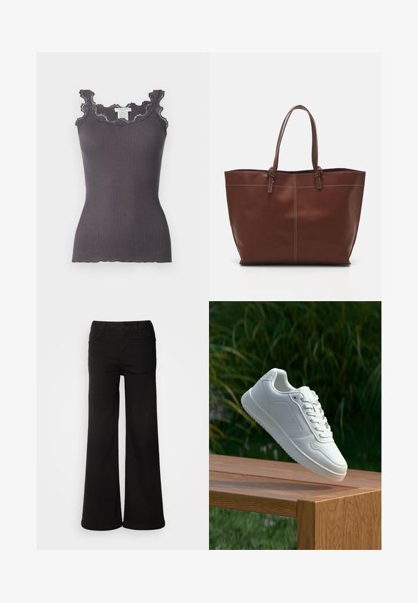 Camiseta sin mangas gris con canalé y borde de encaje en el escote y las sisas. Presenta un diseño ajustado y un dobladillo en forma de ondas.; Pantalones de pierna ancha negros hechos de tela de mezclilla, que cuentan con bolsillos frontales, cierre de botón y una textura suave con un acabado limpio.; Zapatilla blanca con un upper sintético suave, caja de dedos perforada, cordones planos y una suela texturizada, exhibida sobre una superficie de madera.; Bolso tote de cuero marrón con asas dobles, cuenta con costuras en contraste y un diseño espacioso, adecuado para el uso diario.