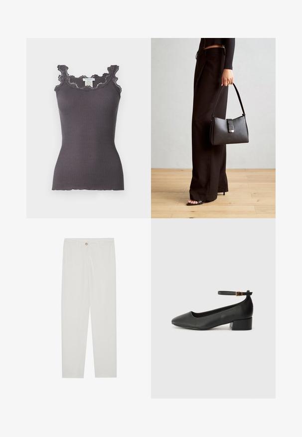 Csíkozott szürke ujjatlan póló csipke díszítéssel a nyakkivágásnál és a karöltőknél. Illeszkedő fazonú, hullámos szegéllyel rendelkezik.; Fehér, testreszabott nadrág egyenes szárú szabással, gombos záródással, övcsatolókkal és oldalsó zsebekkel; sima textúrájú anyag.; Fekete bőr magassarkú cipő hegyes orral és alacsony tömb sarkal. Bokapánttal rendelkezik, aranyszínű csattal. Simább textúra.; Fekete kézi táska strukturált formával, sima textúrával és fémből készült záródással. Széles fekete nadrággal és nyitott orrú szandállal párosítva, fából készült padlón.