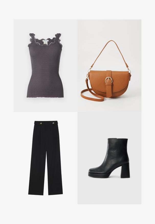 Top cinza canelado com detalhe de renda ao longo da gola e das cavas. Apresenta um formato ajustado e uma bainha em formato escalope.; Calças largas pretas com cintura alta, detalhes em botão na cintura e pregas frontais.; Bota de couro preta até ao tornozelo com salto bloco e sola com plataforma, vista de lado sobre um fundo branco liso.; Bolsa transversal de couro castanho com um formato curvado, ferragens douradas e um detalhe de fivela. Inclui uma alça de ombro destacável.