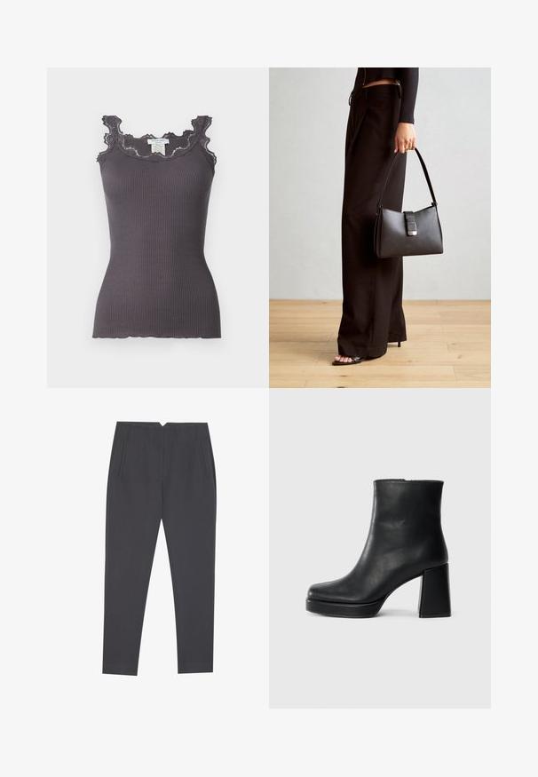 Ribaga hall tank top, mille äärmise pitsiga kaela- ja käeaugu ääres. Omab lähedalt istuvat lõiget ja lainelist hemmi.; Tumed hallid kitsad püksid küljetaskute ja esikortsudega, loodud kohandatud istuvuse jaoks.; Must musta ankle boot, milleplokk-konts ja platvormi tallaga, vaadatud küljelt ühetoonilise valge tausta peal.; Must musta kott, millel on struktureeritud kuju, sile tekstuur ja metallist klamber. Kombineeritud laiate mustade pükstega ja avatud varvaste sandaalidega puidust põrandal.