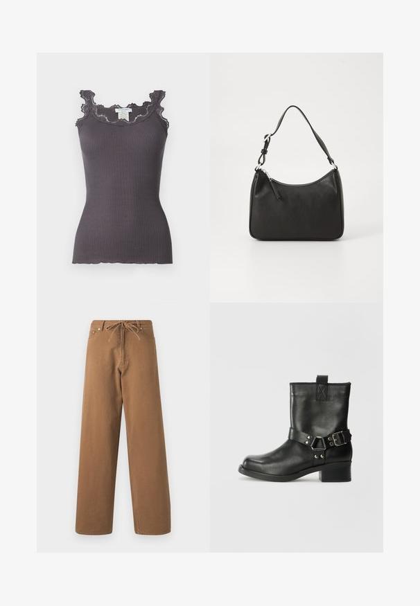 Canottiera grigia a righe con bordo in pizzo lungo il collo e le aperture delle maniche. Presenta una forma aderente e un orlo scallop.; Pantaloni larghi marroni in cotone, con vita elasticizzata e due tasche frontali. Tessuto strutturato con una finitura liscia.; Samsøe Samsøe SABRENTA - Stivaletti texani / biker - black; Borsa a tracolla in pelle nera con forma curva, una tracolla singola, chiusura con zip e marchio discreto sul fronte. Texture liscia, design minimalista.
