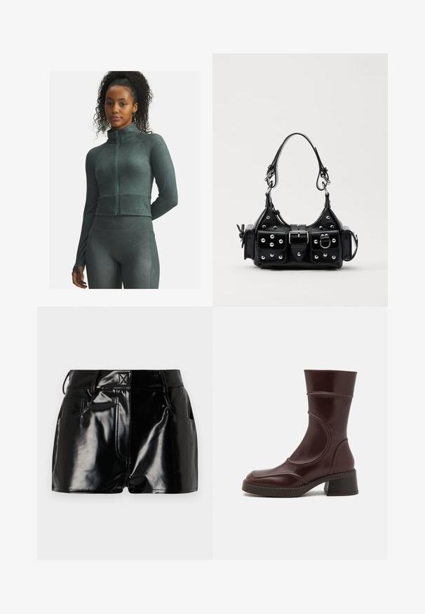 Vrouw met krullend haar, gekleed in een donkergroene, ritsjack en bijpassende leggings, staand met één arm achter haar rug tegen een witte achtergrond.; Zwarte, glanzende shorts van synthetisch materiaal. Heeft een aansluitende taille, riemlussen en voorzakken met opvallende stikseldetails.; MIISTA MALENE - Lage laarzen - brown; Zwarte lederen handtas met een gebogen ontwerp, voorzien van zilveren studs, een gesp en twee zijvakken. Verstelbare schouderband voor verschillende draagmogelijkheden.