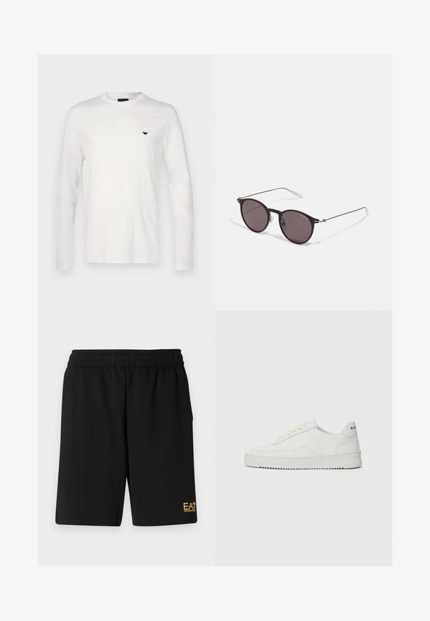 Vit långärmad t-shirt av bomull med rund hals. Har en liten marinblå logga på bröstet. Slät textur och vanlig passform.; Svarta träningsshorts i mjukt tyg, med ett elastiskt midjeband och en liten gul EA7-logotyp på nedre vänstra benet.; Vita lädersneakers med en jämn yta, rund tå, platta snörningar och en strukturerad sula. Har en diskret logotyp på hälen.; Svarta runda solglasögon med mörka linser och smala metallarmar. Inkluderar klara tempeltips och silverdetaljer vid gångjärnet. Minimalistisk design.