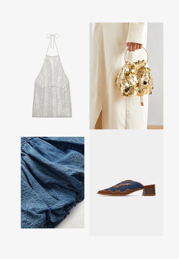 Sølv palietforklæde med halterneck-bånd. Har en letvægtig stof dækket af små cirkulære palietter, der reflekterer lys og struktur.; Denimstof i en dyb blå nuance med en samlet tekstur, der skaber bløde folder. Glat overflade med subtile farvevariationer.; Denim slip-on mules med spids tå, brune læderdetaljer og detaljeret syning i en bølgemønster. Lav, stablet træhæl.; Guld paliettrækkevogn med et cirkulært håndtag, der har skinnende runde paljetter og et tekstureret stof. Dimensioner er ikke angivet.