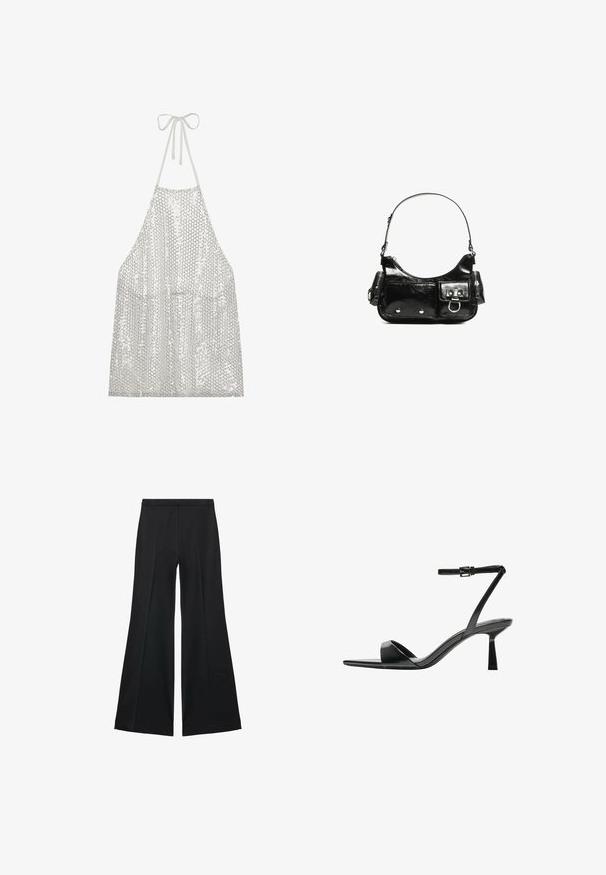 Silberner Pailletten-Schürze mit Halterneck-Bindung. Aus leichtem Stoff, der mit kleinen runden Pailletten bedeckt ist, die Licht und Textur reflektieren.; Schwarze weit geschnittene Hose mit glatter Textur, ausgestattet mit Frontfalten und einem taillierten Design. Der Stoff ist leicht und fließend.; Bershka High Heel Sandalette - black; Schwarze Lackleder-Handtasche mit geschwungenem Design, einem Schulterriemen, Vordertaschen und silberfarbenen Hardware-Akzenten.