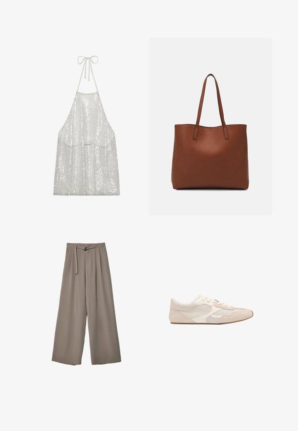 Srebrny fartuch z cekinami, z wiązaniem na szyi. Wykonany z lekkiego materiału pokrytego małymi okrągłymi cekinami, odbijającymi światło i teksturę.; Spodnie o szerokich nogawkach w miękkim, stonowanym szarym materiale, z paskiem w talii i plisami dla dodania detali projektowych. Gładka tekstura, bez wzorów.; Beżowe buty sportowe z połączeniem materiałów siatkowych i zamszowych, zaokrąglony czubek oraz sznurówki. Teksturowane akcenty na górnej części zwiększają przyczepność.; Brązowa skórzana torba tote o gładkiej fakturze, z otwartym wierzchem i dwoma ramiączkami. Charakteryzuje się minimalnym przeszyciem i brakiem widocznych elementów metalowych.