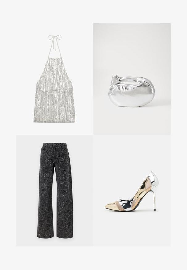Zilver sequin schort met halternekstrik. Dit schort is gemaakt van een lichte stof bedekt met kleine ronde pailletten die licht en textuur weerkaatsen.; Noisy May NMJANNEL LOOSE - Relaxed fit jeans - black denim; Puntige hoge hak schoenen met een zilver, goud en nude kleurenschema. Glanzende afwerking met uitsnijdingen en een stiletto hak.; Zilveren metalen pouch bag met een zachte, afgeronde vorm en een geknoopte sluiting aan de bovenkant. Gemaakt van soepel faux leren materiaal.; Zilveren hoepel oorbellen met een minimalistisch ontwerp. Cirkelvormig, gladde textuur en dun profiel. Lichtgewicht met een gepolijste afwerking.