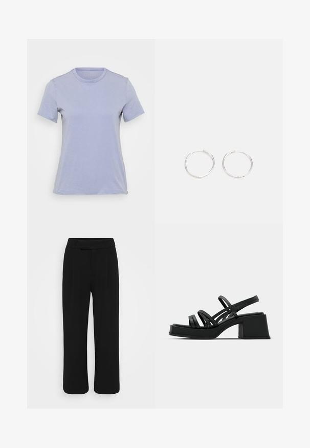 Svetlofialová krátka t-shirt s krátkym rukávom a okrúhlym výstrihom, vyrobená z mäkkej látky, s hladkou štruktúrou a bez viditeľných vzorov či akcentov.; Čierne nohavice s voľným strihom vyrobené z hladkej tkaniny, s plochým predným dielom, pútkami na opasok a bez viditeľných vreciek. Čistý, prispôsobený dizajn.; Čierne sandále na vysokom podpätku s viacerými tenkými popruhmi a širokým blokovým podpätkom. Elegantný dizajn s matným povrchom. Chodidlová časť má mierny ohyb.; Strieborné kruhové náušnice s elegantným, okrúhlym dizajnom, s hladkým povrchom a bez viditeľných ozdôb. Priemer nie je špecifikovaný.