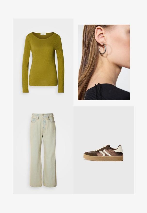 Pitkähihaista puseroa oliivinvihreänä, jossa on pyöreä kaula-aukko ja pehmeä, teksturoitu kangas. Suorat saumat ja istuvan muotoinen siluetti.; Vaaleansiniset leveät farkut, joissa on korkea vyötärö, viisi taskua ja hienovarainen haalistuminen kontrastivärisin tikkauksin.; Ruskeat ja kermaiset tennarit, joissa on mokkanahka- ja satiinimateriaaleja, kolmena vinona nauhana ja teksturoitu kumipohja.; Hopea renkaankorvakoru kiiltävällä pinnalla, jossa on pieniä kultaisia yksityiskohtia ja pyöreä muoto, käytetty korvalla.