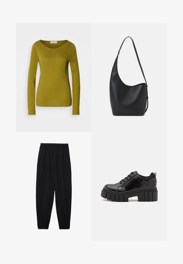 Camisola de manga longa em verde-azeitona, com decote redondo e um tecido suave e texturizado. Costuras lisas e silhueta justa.; Calças pretas, leves, com um cinto elástico e punhos franzidos. O tecido é suave e apresenta um design relaxado e afunilado.; Sapatos de plataforma em couro preto com um salto bloco robusto, bico redondo e design clássico de atacadores. Apresentam uma textura suave e detalhes mínimos.; Saco hobo preto em pele com uma textura lisa, forma curva e uma única alça ajustável; apresenta uma abertura larga na parte de cima.