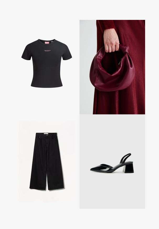 Černé tričko s krátkým rukávem vyrobené z hladkého bavlněného materiálu, které má slim fit střih a na přední straně je růžový nápis "Není to o mně, je to o tobě."; Bershka WIDE-LEG - Wide leg - black; Černé lakované kožené lodičky na pásku s špičatou špičkou a geometrickým blokovým podpatkem. Vyznačují se elegantním, minimalistickým designem a hladkým povrchem.; Burgundská kožená kabelka s měkkým, nabíraným designem a zaobleným tvarem. Ucho je zajištěné a vykazuje hladkou texturu.