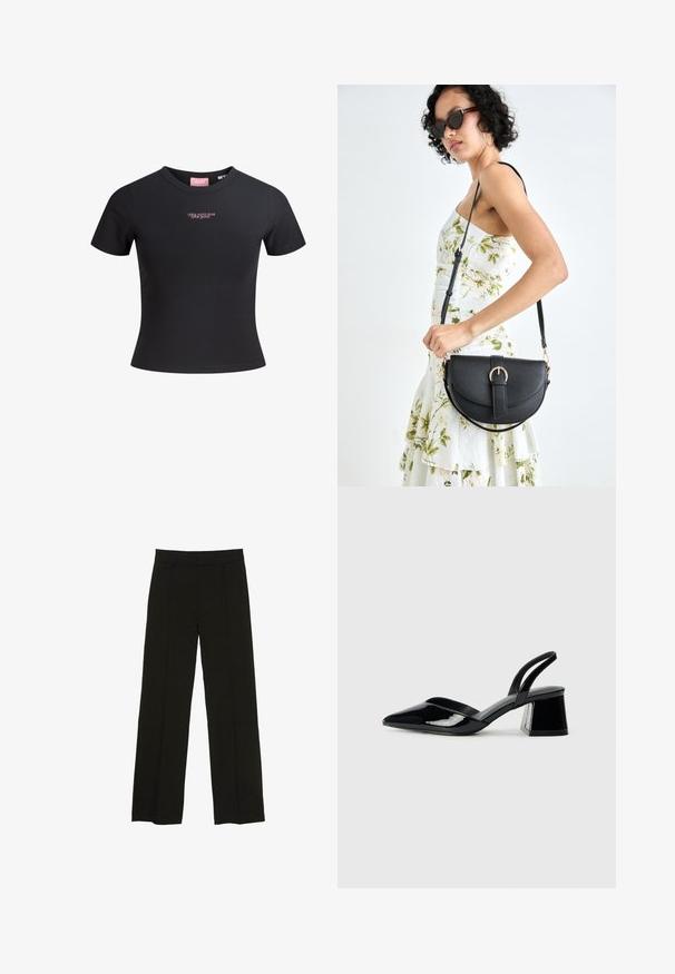 Čierne tričko s krátkymi rukávmi z hladkej bavlny, s priliehavým strihom a ružovým nápisom "Nie som to ja, si to ty" na prednej strane.; Čierne široké nohavice vyrobené z hladkej tkaniny, so priliehavým pásom a jemnými prednými záhybmi pre zvýšenie textúry.; Čierne lakované kožené sandálové podpätky s špicatou špičkou a geometrickým blokovým podpätkom. Disponujú elegantným, minimalistickým dizajnom a hladkým povrchom.; Čierna kožená kabelka s zaobleným tvarom, odnímateľným popruhom a zlatými doplnkami. Kabelka má klopu s detailom s prackou.