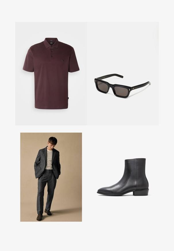 BOSS - Koszulka polo; Szary dobrze dopasowany garnitur z klapami w kształcie notcha i przednimi kieszeniami, zestawiony z koszulą w paski. Spodnie mają luźny krój i detal w postaci zakładki. Brązowe buty.; ALDO AMUR czarny; Czarne prostokątne okulary przeciwsłoneczne z ciemnymi soczewkami, grubą plastikową oprawą, złotymi akcentami na zausznikach oraz wygrawerowanym logo marki na ramieniu.