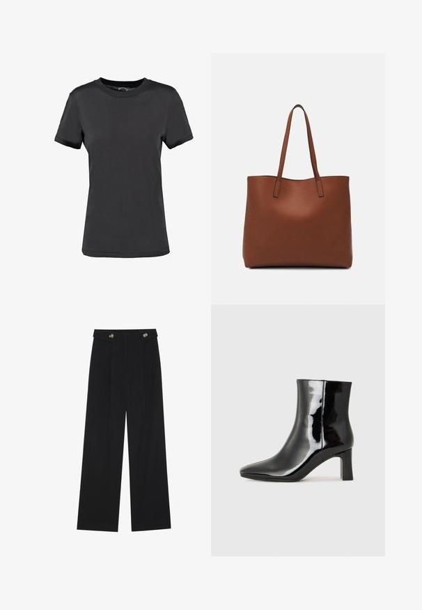 Sort kortærmet t-shirt lavet af glat stof. Har en rund halsudskæring uden synlige mønstre eller detaljer, hvilket giver et enkelt design.; Sorte vide bukser med høj talje, knapdetaljer på taljebåndet og frontfald.; Sort lakeret ankelstøvle med spids tå og en midt-højde blokhæl. Glat tekstur og minimalistisk design.; Brun læder tote taske med en glat overflade, åben topdesign og to skulderremme. Har minimal syning og ingen synlig hardware.