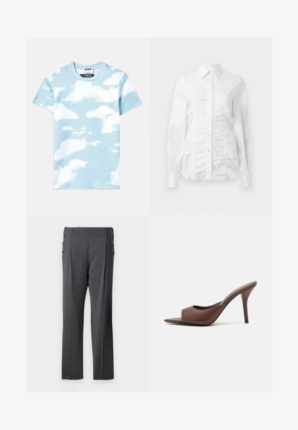 Világoskék pamut póló, felhőmintával, különböző árnyalatú fehér színekkel. Klasszikus kerek nyakkivágás és rövid ujjak.; Fehér, hosszú ujjú, gombos ing, amelynek az elején ráncos textúra található, kis arany gombokkal és hagyományos gallérral.; Szürke szabott nadrág, egyenes lábzattal, elülső redőkkel és díszes oldalsó gombokkal a részletesség fokozása érdekében. Sima szövettextúra.; Barna bőr nyitott orrú magassarkú papucs, letisztult dizájnnal, széles elülső pánttal és karcsú stiletto sarokkal.