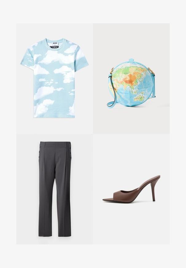 Lichtblauw katoenen t-shirt met een cloudprint ontwerp in verschillende tinten wit. Klassieke ronde hals en korte mouwen.; Grijze op maat gemaakte broek met een recht gesneden ontwerp, voorplooien en decoratieve zijknopen voor extra detail. Vriendelijke stoftextuur.; Bruine leren open-teen hoge hak muiltjes met een slank ontwerp, voorzien van een brede voorkruistrap en een slanke stiletto hiel.; Ronde crossbodytas die lijkt op een globe, met een lichtblauwe basis en een gedetailleerde kaart in groene, oranje en blauwe tinten; goudkleurige hardware accenten.