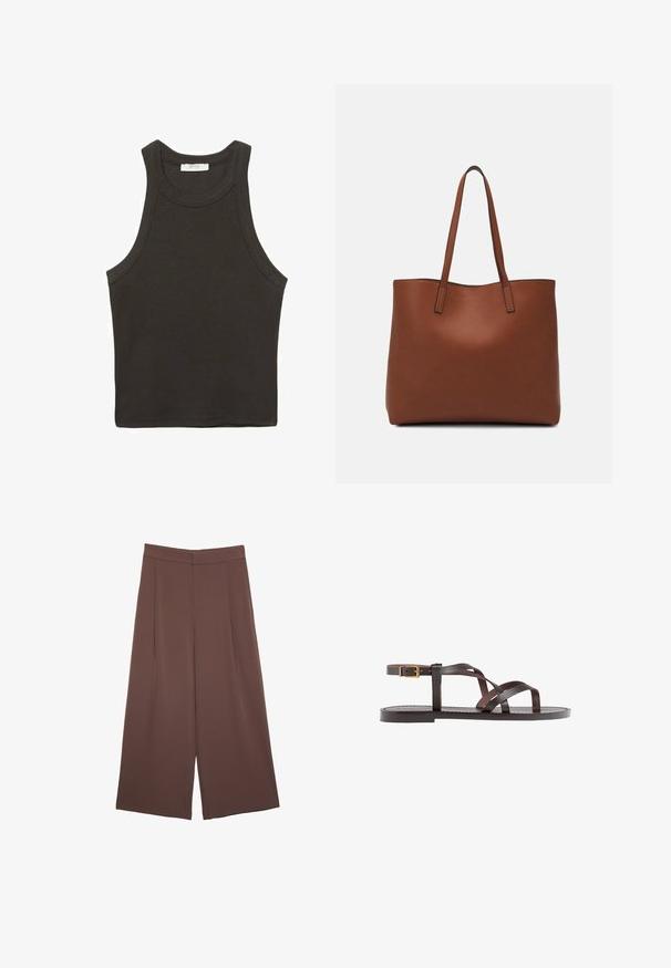 Czarna szara bezrękawnik wykonany z dzianiny bawełnianej, posiadający okrągły dekolt i czyste krawędzie. Brak widocznych wzorów lub akcentów.; Brązowe spodnie o szerokich nogawkach z gładką fakturą, z wysokim stanem i plisami z przodu. Materiał jest lekki i luźno opada.; Brązowe skórzane sandały z krzyżującymi się paskami, zapięciem na klamrę przy kostce oraz płaską podeszwą z minimalnymi detalami szycia.; Brązowa skórzana torba tote o gładkiej fakturze, z otwartym wierzchem i dwoma ramiączkami. Charakteryzuje się minimalnym przeszyciem i brakiem widocznych elementów metalowych.