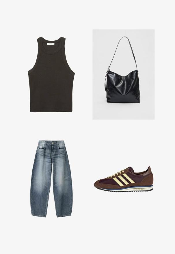 Dunkelgraues, ärmelloses Tanktop aus einem Baumwoll-Mix, mit Rundhalskragen und sauberen Kanten. Keine sichtbaren Muster oder Akzente.; Weite Jeans aus hellblauem Denim mit Ausbleichungen, im fünf-Taschen-Design, mit Knopfverschluss und minimalen Nähtelementen.; Braune und burgunderfarbene Sneaker aus Wildleder und Mesh-Materialien, mit drei cremefarbenen Streifen, strukturiertem Stoff an der Zunge und einer Gummisohle.; Schwarze Leder-Schultertasche mit einer weichen, strukturierten Oberfläche. Sie hat ein geschwungenes Design und einen einzelnen verstellbaren Tragegurt. Kein zusätzliches Zubehör.