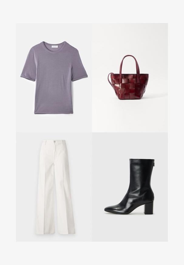 Fialové tričko s krátkym rukávom vyrobené z mäkkej látky, s okrúhlym výstrihom a rovnou lemovanou spodnou časťou, s hladkým povrchom a bez viditeľných vzorov.; Biele široké nohavice vyrobené z bavlny s hladkou textúrou. Obsahujú predný gombík, zips a dizajn so štyrmi vreckami.; Čierne kožené členkové topánky s špicatou špičkou a blokovým podpätkom vysokým 4 cm. Elegantný dizajn obsahuje bočný zips pre jednoduché obúvanie. Hladká textúra.; Tkaná bordová kožená športová taška s dvoma krátkymi rúčkami a odnímateľným ramenným popruhom. Má štruktúrovaný tvar a hladkú textúru.