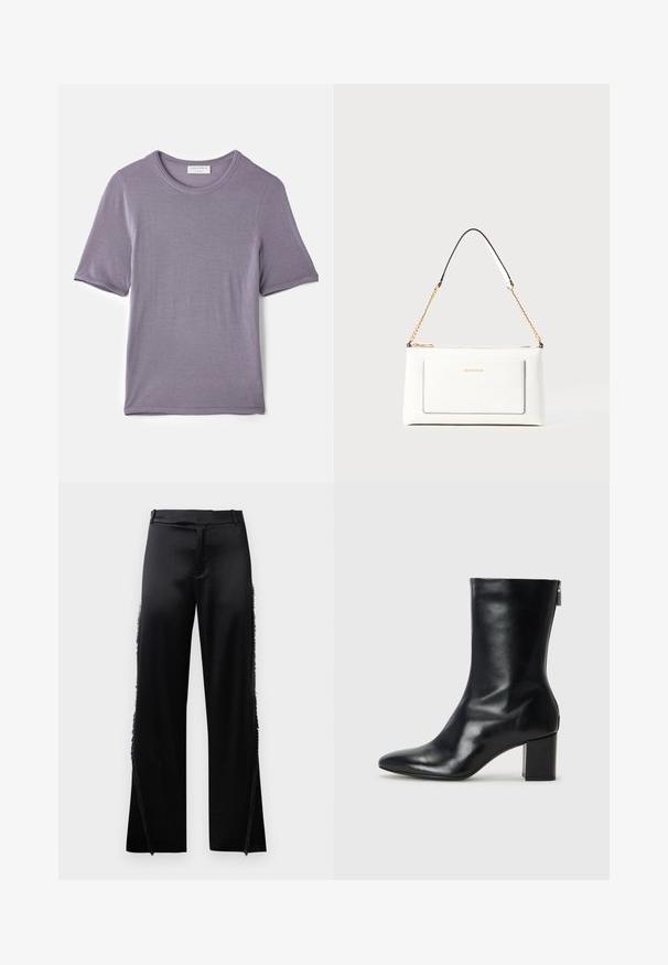 Tricou violet cu mânecă scurtă, confecționat dintr-un material moale, având guler rotund și tiv drept, cu o textură netedă și fără modele vizibile.; Pantaloni negri din satin, cu picioare largi, având detalii cu franjuri de-a lungul cusăturilor laterale și o talie plată în față. Spatele este simplu, fără buzunare.; Botină din piele neagră, cu vârf ascuțit și toc bloc de 4 cm. Design elegant, cu un fermoar lateral pentru o îmbrăcare ușoară. Textură netedă.; Geantă de mână din piele albă cu un finisaj texturat, având o curea din lanț aurie și accente negre. Include un buzunar frontal și închidere cu fermoar.