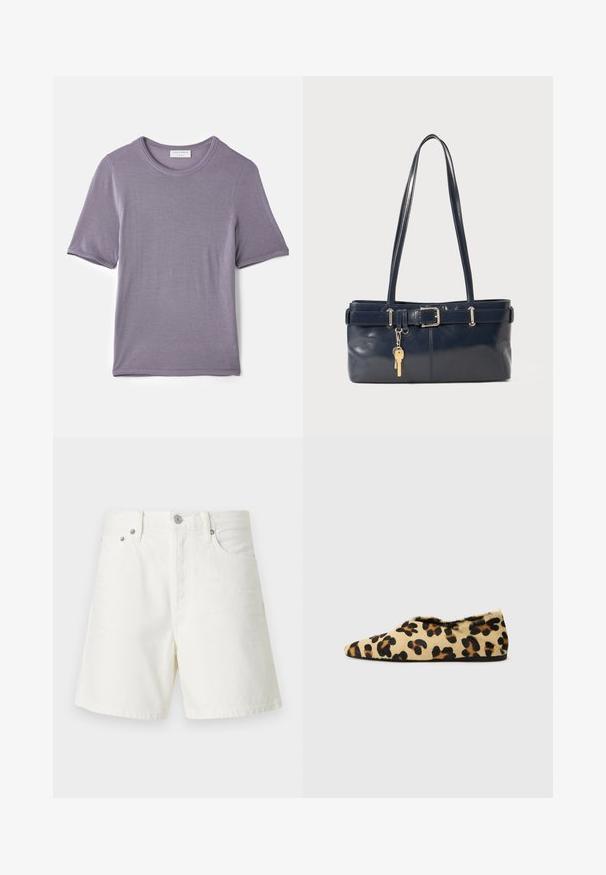 Fialové tričko s krátkým rukávem vyrobené z měkké tkaniny, s kulatým výstřihem a rovnými lemy, hladkého povrchu a bez viditelných vzorů.; Bílé denimové kraťasy se rovný střihem, pětivreckovým designem, zapínáním na tlačítko vpředu, stříbrnými kovovými detaily a prošitím.; Ploché boty s leopardím potiskem vyrobené z měkkého kožichu, s designem špičaté špičky a nízkým profilem. Přírodní tóny s černými akcenty.; Námořnická kožená kabelka s dvěma dlouhými uchy, detaily s přezkou a připevněným klíčenkou. Vyznačuje se hladkým povrchem a obdélníkovým tvarem.