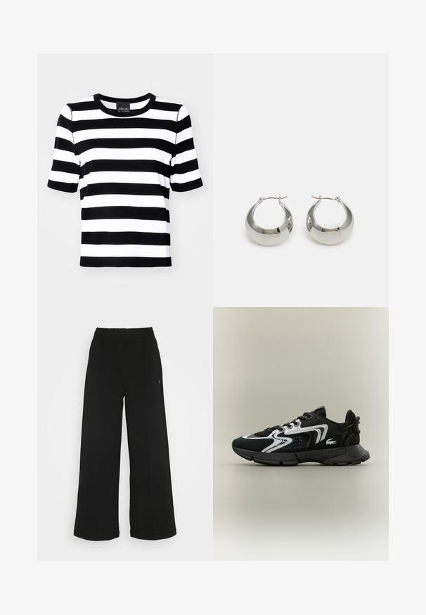 Zwart-wit gestreept T-shirt met korte mouwen, een ronde halslijn en een comfortabele pasvorm. Zacht materiaal met een gelijkmatig streeppatroon.; Zwarte wijde broek met een elastische tailleband. Gemaakt van een zachte, lichte stof. Heeft verticale naden aan de voorkant.; Zwarte sportschoenen met gaaspanelen, zilveren accenten en gestructureerde zwarte overlays. Voorzien van veters en een gebogen, stevige buitenzool.; Zilveren metalen creolen met een gladde, glanzende oppervlakte en een gestructureerd, rond ontwerp. Voorzien van een scharnierende sluiting voor een veilige draagervaring.