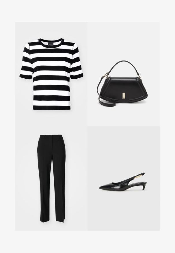 Schwarz-weiß gestreiftes T-Shirt mit kurzen Ärmeln, Rundhalsausschnitt und lockerer Passform. Weicher Stoff mit gleichmäßigem Streifenmuster überall.; Schwarze, taillierte Hose mit geradem Bein, aus einem glatten Stoff und mit klaren Falten an der Vorderseite. Keine sichtbare Hardware.; Schwarze Leder-Slingback-Pumps mit spitzem Schuhblatt, ausgestattet mit einem schlanken Absatz und einem goldfarbigen Akzent am verstellbaren Riemen. Glatte Textur.; Schwarze Lederhandtasche mit einem strukturierten Design, das eine verkürzte Form, einen oberen Griff und goldfarbene Hardware-Details aufweist. Verstellbarer Schulterriemen ist enthalten.