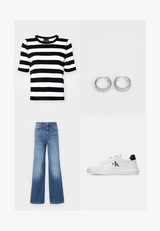 Mustvalge triibuline T-särk lühikeste varrukatega, ümar kaelus ja lõtv istuvus. Pehme kangas, millel on ühtlane triibumuster.; Heled sinine denim laiad püksid kõrge vöökoha ja viie taskuga, vööaasadega ning kerge fade-efektiga hemmi suunas.; Valge madalate sokkidega jooksutoss, millel on must konts, platvormi tallad, paelad ja Calvin Kleini "CK" logo küljel.; Hõbedased rõngassõrmed tekstureeritud disainiga, kus on vertikaalsed sooned. Ümmargune kuju ja kindel lukustus. Sile viimistlus.