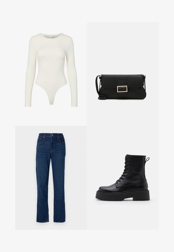 Long-sleeve bodysuit in cream, made of smooth fabric. Features a round neckline and a thong bottom design with fitted silhouette and no fastenings.; Dark blue denim straight-leg jeans with a five-pocket design, orange stitching, and a button closure at the waistband.; Black leather ankle boots with a round toe, lace-up front, and a thick rubber sole featuring a textured tread. Pull tab at the back.; Black leather clutch bag with a flap and a gold metal buckle detail. Includes a black strap and a sleek, minimalist design.; Gold-colored hoop earrings, thin and round in shape, with a smooth metallic finish and no embellishments or patterns.