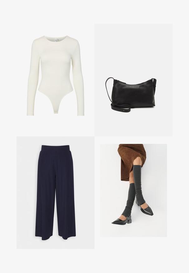 Långärmad bodysuit i krämfärg, tillverkad av slät tyg. Har en rund halsringning och en tanga bakom med en figurnära silhuett och utan knäppning.; Breda byxor i mörk marinblått tyg med ribbat mönster. Har en slät midjeband och en svängd silhuett som når till mitten av vadbenet.; Svarta lackläderskor med spetsig tå, blockklack och ankelrem, i kombination med grå ribbade benvärmare och en brun mockakjol.; Svart läder axelväska med en slät yta, rundad form, justerbar rem och dragkedjestängning. Minimalistisk design utan utsmyckningar.