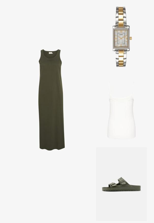 Camisole blanche sans manches en tissu lisse, dotée de fines bretelles et d'une coupe ajustée avec un ourlet droit. Pas de motifs ou d'accents supplémentaires.; Robe longue sans manches en coton vert foncé uni, avec un col rond et une silhouette droite et fluide.; Sandale verte avec deux boucles réglables, fabriquée en matériau durable. Elle dispose d'une semelle intérieure texturée et d'une semelle en caoutchouc à motifs pour une meilleure adhérence.; Montre à quartz Casio avec un cadran rectangulaire argenté, des accents en or et un bracelet en métal bicolore argent et or. Fonction étanche.; Collier en métal doré avec des perles blanches rondes espacées le long d'une chaîne délicate, présentant un pendentif en perles roses en forme de goutte d'eau au centre.