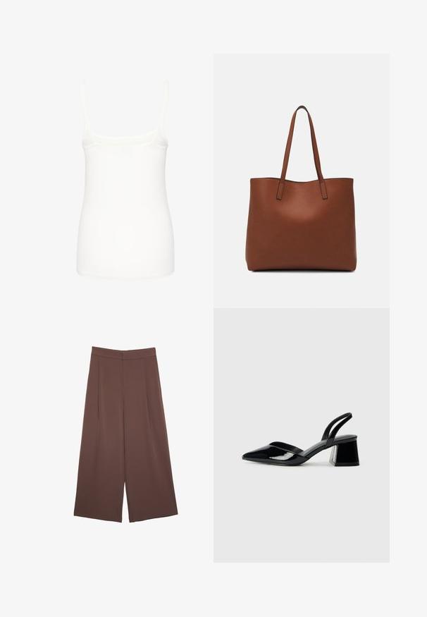 Hvid ærmeløs camisole lavet af glat stof, med tynde stropper og en tætsiddende design med en lige kant. Ingen yderligere mønstre eller detaljer.; Brune bredbunde bukser med en glat tekstur, der har høj talje og plisseringer foran. Stoffet er let og falder løst.; Sorte patentlæder slingback hæle med spids tå og en geometrisk blok hæl. Har et elegant, minimalistisk design og en glat tekstur.; Brun læder tote taske med en glat overflade, åben topdesign og to skulderremme. Har minimal syning og ingen synlig hardware.