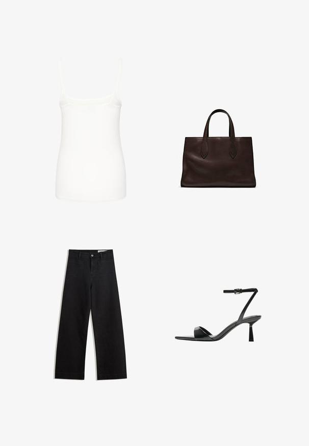 White sleeveless camisole made of smooth fabric, featuring thin straps and a fitted design with a straight hem. No additional patterns or accents.; Black wide-leg denim pants with a high waist, featuring front and back pockets, stitched seams, and a button closure. Smooth texture.; Bershka High heeled sandals - black; Brown leather tote bag with two elongated handles, structured rectangular shape, smooth texture, and subtle stitching details.