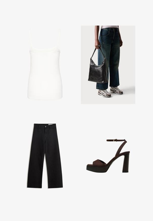 Camisolă albă fără mâneci, dintr-un material neted, cu bretele subțiri și un design ajustat, cu tiv drept. Fără modele sau accente suplimentare.; Pantaloni din denim negri cu picioare largi, cu talie înaltă, având buzunare frontale și posterioare, cusături dublate și închidere cu nasture. Textură netedă.; Sandal cu toc înalt din suede maro, cu vârf deschis, curea ajustabilă la gleznă și talpă cu dungi.; Geantă de umăr din piele neagră, cu o textură netedă și curea ajustabilă, asortată cu blugi evazați și adidași.