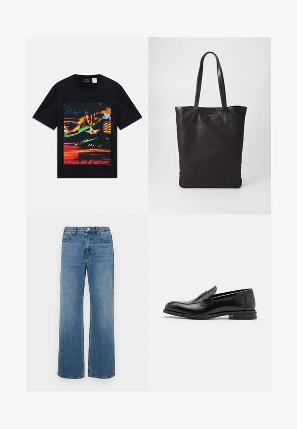 Tricou negru cu mânecă scurtă, având un grafic colorat cu lumini neon estompate, inclusiv o stea cu numărul unu și text parțial roșu "mai repede".; Jeans cu picioare largi din denim, cu un finisaj decolorat. Au cinci buzunare, închidere cu buton frontale și un croi drept.; Mocasini din piele neagră cu o textură netedă, vârf rotund și o curea decorativă peste partea superioară. Toc mic, design minimalist.; Geantă de umăr din pânză neagră cu mânere din piele neagră. Design simplu, corp spațios și textură netedă. Fără logo-uri sau modele vizibile.