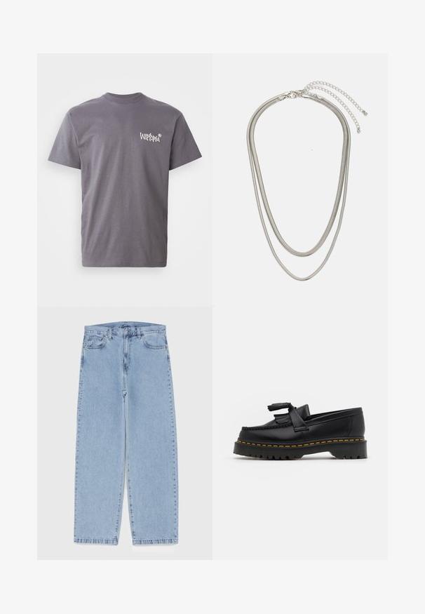 Maglietta in cotone grigia con scollo rotondo e maniche corte, con il logo bianco "Witopia" stampato sulla parte sinistra del petto.; Jeans in denim azzurro chiaro con design a gamba dritta, caratterizzati da una vita media, cinque tasche e chiusura con bottone e zip.; Mocassino in pelle nera con un'accento a frange, dotato di una suola nera spessa e cuciture gialle lungo il bordo. Finitura testurizzata.; Collana in metallo argentato a tre strati caratterizzata da catene sottili e flessibili con una leggera lucentezza, fissata con un gancio a molla e una catena regolabile.