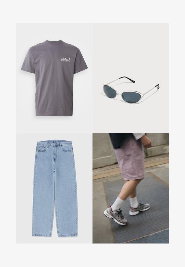 Maglietta in cotone grigia con scollo rotondo e maniche corte, con il logo bianco "Witopia" stampato sulla parte sinistra del petto.; Jeans in denim azzurro chiaro con design a gamba dritta, caratterizzati da una vita media, cinque tasche e chiusura con bottone e zip.; Scarpe sportive grigie con dettagli rossi, dotate di una tomaia in rete e suola ammortizzata, indossate con calze bianche e pantaloni corti rosa chiaro.; Occhiali da sole con montatura metallica argento, forma cat-eye, lenti scure e punte nere sulle aste. Design pulito e minimalista.