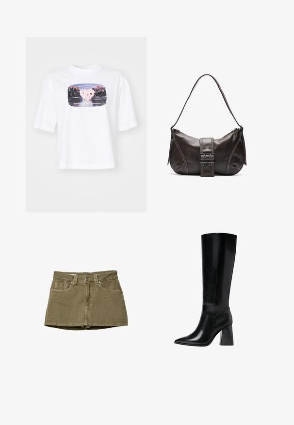 Valkoinen puuvillapaita rentoa istuvuutta. Ominaisuuksina värikäs graafinen printti, joka muistuttaa sydäntä ja maalauksellista maisemaa suorakulmaisen kehykset sisällä.; Oliivinvihreä farkkuminihame, jossa on etutaskut, suora leikkaus ja nappikiinnitys. Pehmeä kangas, jossa näkyvät saumadetailit.; Polvisuoju mustat nahka-saappaat teräväkärkisillä, sileillä pinta-aloilla ja tukevalla uritetulla korolla vakauden saavuttamiseksi. Tyylikäs muotoilu, jossa on minimaaliset yksityiskohdat.; Ruskea nahkainen olkalaukku, jossa on kaareva muoto, erottuva solk yksityiskohta, kontrastivärinen ommel ja yksi olkahihna.