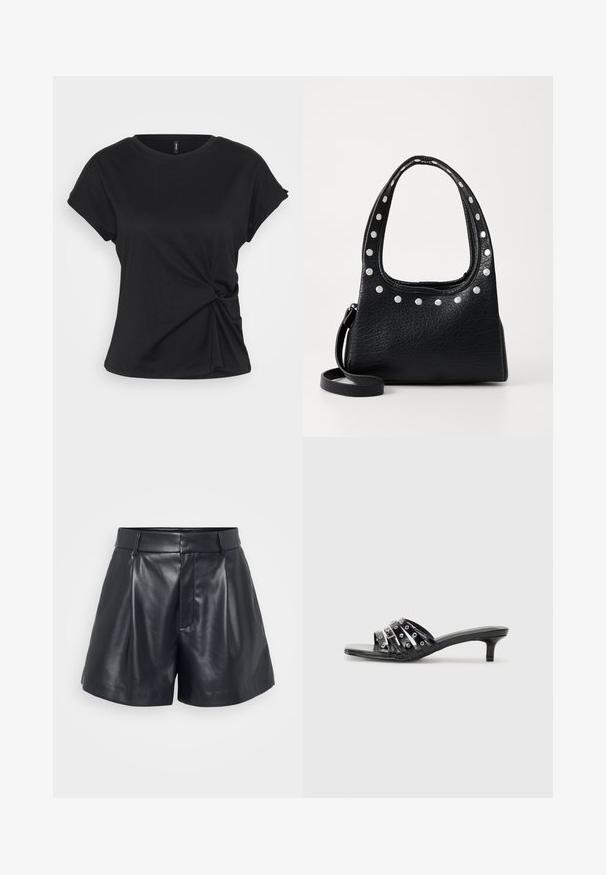 Černé bavlněné tričko s kulatým výstřihem, krátkými rukávy a zkrouceným uzlem v pase, s hladkou texturou.; Černé kožené šortky s hladkým povrchem, dokonale střižený design, sklady vpředu a poutka na opasek; mají skrytý zipový kapsičku na boku.; Černé sandály na podpatku s více lesklými pásky a kovovými akcenty, se špičatou špičkou a skromným podpatkem. Hladký povrch.; Černá kožená kabelka s texturou, se stříbrnými hroty podél horního okraje a na držadlech, vybavená krátkým uchem a odnímatelným popruhem.