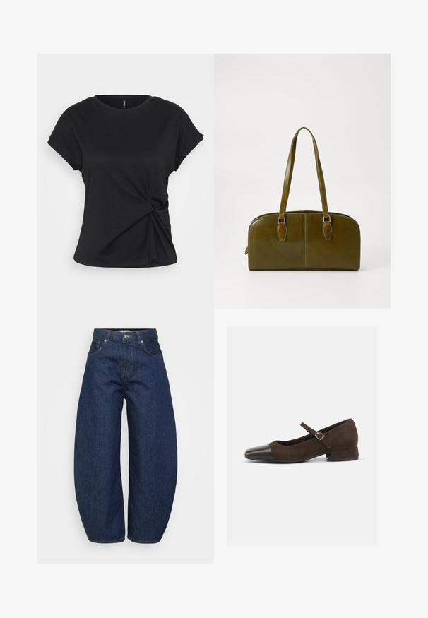 Musta puuvillapaita, jossa on pyöreä kaula-aukko, lyhyet hihat ja kierretty solmukohta vyötäröllä, joka tarjoaa sileän pinnan.; Tummansiniset farkut, joissa on leveä ja rento istuvuus. Niissä on vetoketjullinen haarakiinnitys, neljä taskua ja kontrastiväriset saumat.; Ruskean mokkanahkakengät Mary Jane -tyyliin, mustalla kiiltävällä kärjellä, säädettävällä remmillä ja matalalla lohkokannalla. Suora pinta, jossa on minimaalinen koristelu.; Olivi vihreä nahkainen käsilaukku pyöreällä muotoilulla, joissa on kaksinkertaiset kahvat ja saumaton etuosa. Ominaisuuksiin kuuluu sileä pinta ja hillityt tikkaustiedot.; Hopea renkaankorvakoru kiiltävällä pinnalla, jossa on pieniä kultaisia yksityiskohtia ja pyöreä muoto, käytetty korvalla.