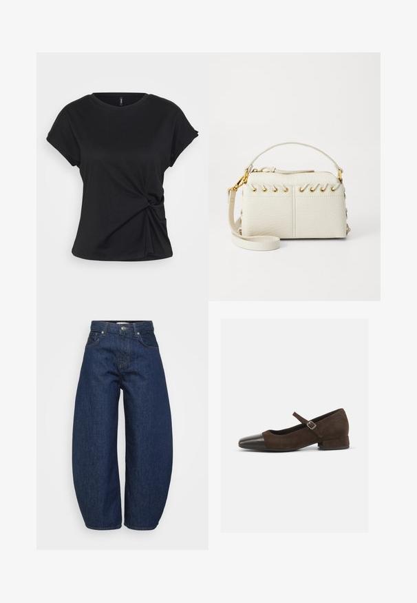 Černé bavlněné tričko s kulatým výstřihem, krátkými rukávy a zkrouceným uzlem v pase, s hladkou texturou.; Tmavě modré džínové kalhoty s širokým, volným střihem. Mají zipový rozparek, čtyři kapsy a kontrastní prošití podél švů.; Hnědé semišové boty Mary Jane s černým lakovaným špičkou, nastavitelným páskem a nízkým blokovým podpatkem. Hladká textura s minimálními akcenty.; Bílá kabelka z umělé kůže s horním zipem, krátkým uchem a odnímatelným popruhem přes rameno se zlatým kováním. Detail šněrování po stranách.; Stříbrný kruhový náušník s lesklým povrchem, zdobený malými zlatými akcenty, v kulatém tvaru, nošený na lalůčku.