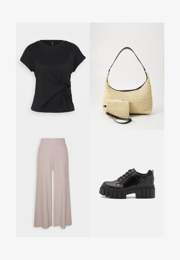 Černé bavlněné tričko s kulatým výstřihem, krátkými rukávy a zkrouceným uzlem v pase, s hladkou texturou.; Světle šedé široké kalhoty vyrobené z měkké jemně žebrované látky, s vysokým pasem a dlouhými nohavicemi s jemnou texturou.; Černé kožené platformové boty s masivním blokovým podpatkem, kulatou špičkou a tradičním šněrováním. Mají hladký povrch a minimální detaily.; Tkaná slaměná taška s zakřiveným siluetou, která má hladký černý kožený popruh a odpovídající malou taštičku připevněnou zápěstním páskem.