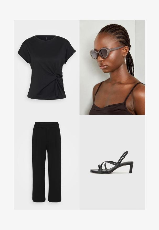 Μαύρο βαμβακερό μπλουζάκι με στρογγυλή λαιμόκοψη, κοντό μανίκι και λεπτομέρεια σε κοπιές στη μέση, με απαλό υφή.; Μαύρο παντελόνι με φαρδιά γραμμή από λεία ύφασμα, διαθέτοντας επίπεδο μπροστινό μέρος, θηλιές ζώνης και χωρίς ορατές τσέπες. Καθαρός, κομψός σχεδιασμός.; Μαύρη σανδάλι με λουράκια και τετράγωνη μύτη, καθώς και χαμηλό μπλοκ τακούνι. Διαθέτει πολλαπλά λεπτά λουράκια και ρυθμιζόμενο λουράκι στον αστράγαλο. Κατασκευασμένο από λείο δέρμα.; Γκρίζες υπερμεγέθεις γυαλιά ηλίου με στρογγυλό σχήμα και σκούρους φακούς. Λείο πλαστικό σκελετό με μαλακή υφή. Το μοντέλο έχει πλεξούδες.; Μαύρη δερμάτινη τσάντα tote με λείο υφή, δομημένο σχήμα, δύο λαβές και επιφανές ασημένιο κούμπωμα μπροστά.