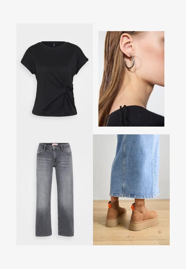 T-shirt de algodão preto com decote redondo, mangas curtas e um detalhe de nó torcido na cintura, apresentando uma textura suave.; Jeans de ganga cinza com um design de perna reta, estilo de cinco bolsos, desbotamento subtil e fecho de botão na cintura.; Botas plataforma em camurça castanha com painéis laterais elásticos e puxadores laranja, combinadas com uma saia de ganga clara até ao joelho, em um chão de madeira.; Brinco de argola prateada com acabamento polido, apresentando pequenos detalhes em dourado e uma forma redonda, usado na orelha.
