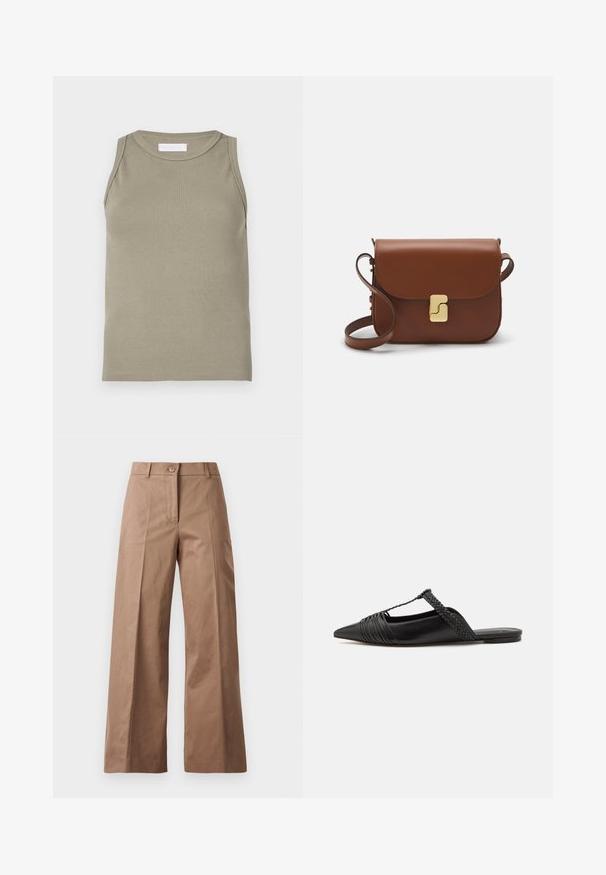 Ribbed tank top in olive green, featuring a round neckline and sleeveless design. Made from soft, stretchy material with a fitted silhouette.; Brown wide-leg trousers made from a smooth fabric, featuring a front button closure, two front pockets, and clean, tailored lines.; Black leather slingback shoe with a pointed toe, featuring a woven accent and pleated upper design. Flat sole with minimal hardware.; Brown leather handbag with a flap closure, gold-tone hardware, a shoulder strap, and a smooth texture. Compact rectangular shape.