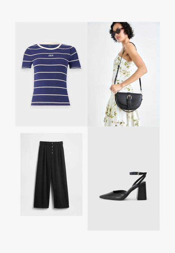 T-shirt azul-marinho de mangas curtas com riscas brancas horizontais, apresentando uma gola arredondada encabadada e o logótipo "GAP" em branco na frente.; Calças largas pretas feitas de um tecido texturizado. Apresenta uma cintura alta, fecho frontal com cinco botões e pregas vincadas para um detalhe adicional.; Sandal com biqueira afilada em couro preto, com cinta no tornozelo e salto grosso. Textura lisa, design elegante e estética minimalista.; Bolsa de couro preta com forma curva, alça destacável e detalhes em dourado. A bolsa possui uma aba com detalhe de fivela.