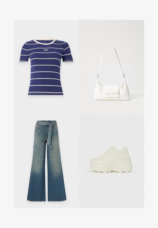 Marinblå kortärmad t-shirt med horisontella vita ränder, med rund ribbad halsringning och "GAP"-logotypen i vitt på framsidan.; Breda denimbyxor med en ljus till mörkblå gradient, hög midja, bälteshällor och ett matchande tygbälte. Texturerad denimfinish.; Vita plattformssneakers med en slät läderliknande överdel, rundad form, vadderad krage och texturerad gummisula med definierade mönster.; Vit syntetisk handväska med triangulär form, platt framklaff och rosettdetalj, justerbar rem, slät textur och minimalistisk design.